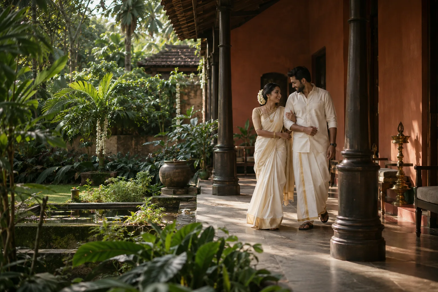 An illustrative wedding portrait of a couple in a sunlit Kerala courtyard